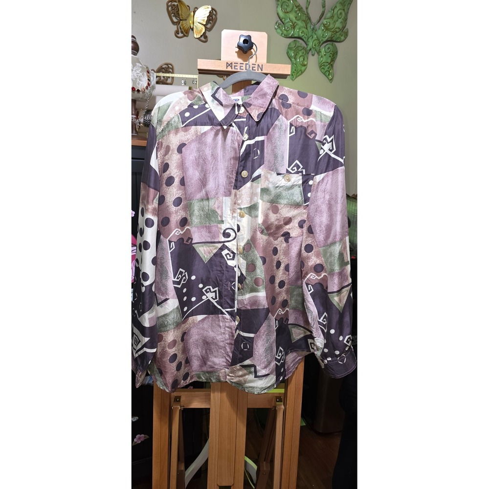 Vintage C&A Silk Button Down Shirt Mens EUR 40 Abstract Geometric 90s Plum Sage